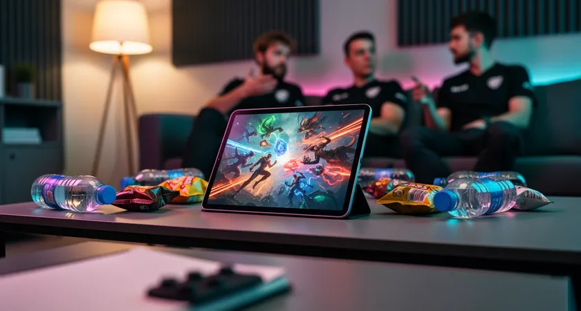 A candid moment in a team lounge, three players are relaxed on a sofa reviewing a game on a tablet, one is gesturing to explain a point, empty water bottles and snack wrappers on the table, soft ambient lighting suggests a post-session debrief