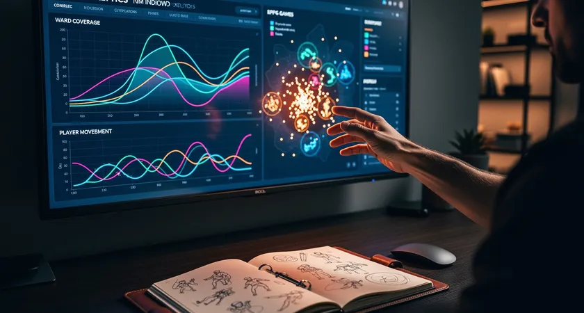 A consultant's hands pointing at a large wall-mounted screen displaying advanced game analytics graphs and heat maps of ward coverage, a leather-bound notebook sits open next to a wireless mouse, the focus is on the data-driven insight being presented