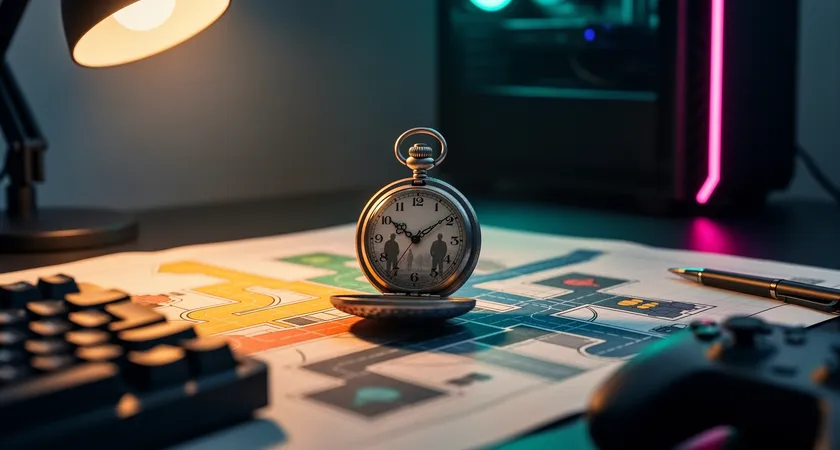 Gros plan sur une montre à gousset ouverte posée sur une carte de Summoner's Rift imprimée, les aiguilles sont décalées, une moitié de la carte est éclairée par une lampe de bureau, l'autre dans l'ombre