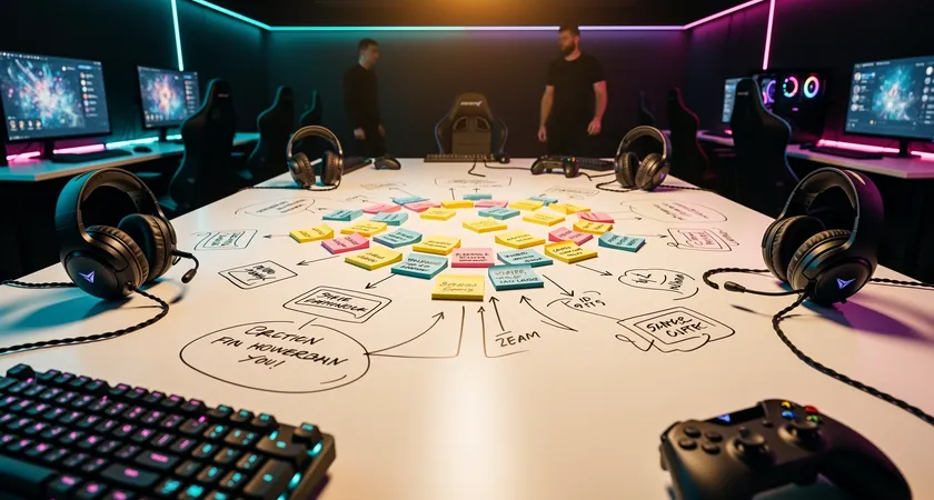 Vue aérienne d'un tableau blanc dans un local gaming, diagrammes et flèches reliant des post-it de couleurs, des casques audio posés autour, ambiance de travail concentré mais décontracté, lumière chaude