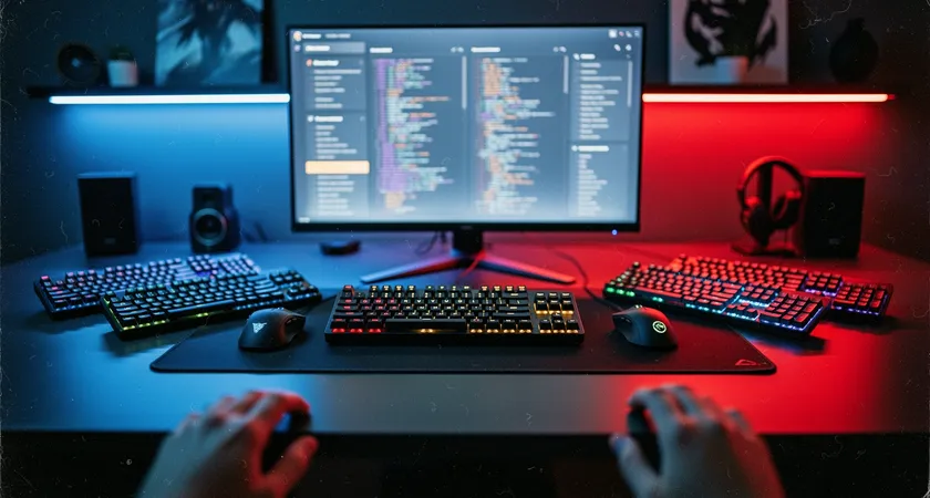 Vista cenital de una mesa de gaming con cinco teclados mecánicos y ratones, en una habitación con luces LED azules y rojas. En una pantalla central se ven los patch notes de League of Legends, con líneas de texto resaltadas en amarillo. Unas manos desenfocadas señalan una sección específica, hay notas adhesivas desordenadas alrededor, ambiente de análisis intenso.