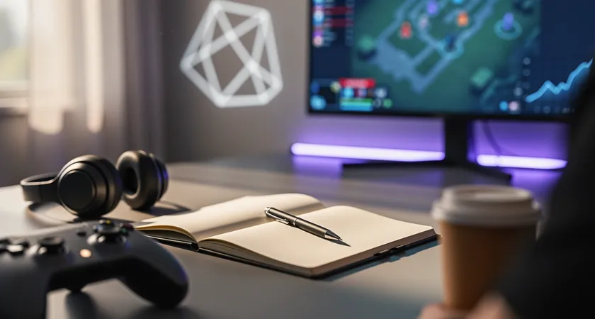 Primer plano de dos monitores de gaming en contraste. En el izquierdo, una interfaz minimalista de una plataforma de análisis tipo LoL Tracker, mostrando gráficos de winrate por campeón y rol tras el parche. En el derecho, la pantalla de carga de una partida de League of Legends, con composiciones de campeones resaltadas. Luz ambiental tenue, teclado con retroiluminación púrpura, enfoque nítido en los datos.