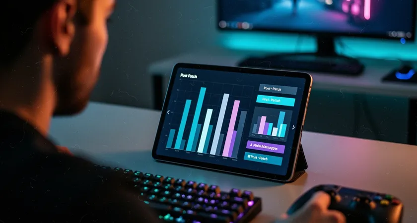 Fotografía de un ángulo lateral de un jugador observando un dashboard en una tablet. En pantalla, gráficos de barras comparando el rendimiento pre y post-parche en categorías como "Daño por minuto", "Control de Visión" y "First Herald". La luz de la pantalla ilumina su rostro concentrado, entorno de sala de estar cómoda con un sofá de fondo.