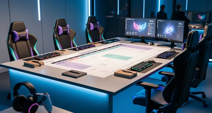 Five gaming chairs arranged around a large desk, a single monitor displays a custom tournament schedule with color-coded practice blocks, soft LED backlighting casts a blue glow, notebooks and pens are neatly organized at each station, implying a prepared team environment