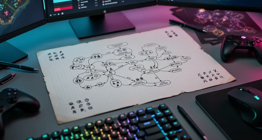 A top-down shot of a hand-drawn flowchart on graph paper, detailing a League of Legends team composition's win condition from early laning to late-game objective control, arrows connect champion icons, notes in the margin discuss item timings and key ability cooldowns