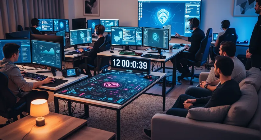 A wide shot of a mock tournament setup in a living room, five players sit focused at their stations while two observers watch from a couch, a large countdown timer is visible on a secondary screen, simulating pre-game pressure
