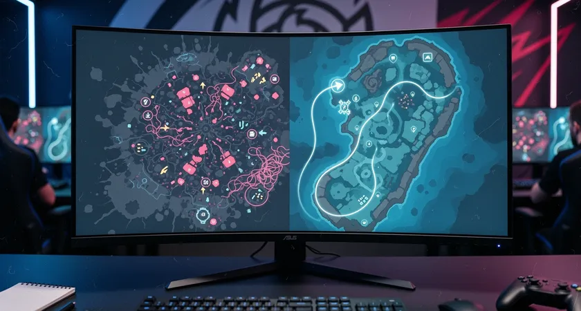 Split-screen concept: left side shows a cluttered in-game minimap with chaotic vision, right side shows the same moment with clear, organized vision markers and pathing predictions drawn over it, highlighting the clarity an external analyst provides