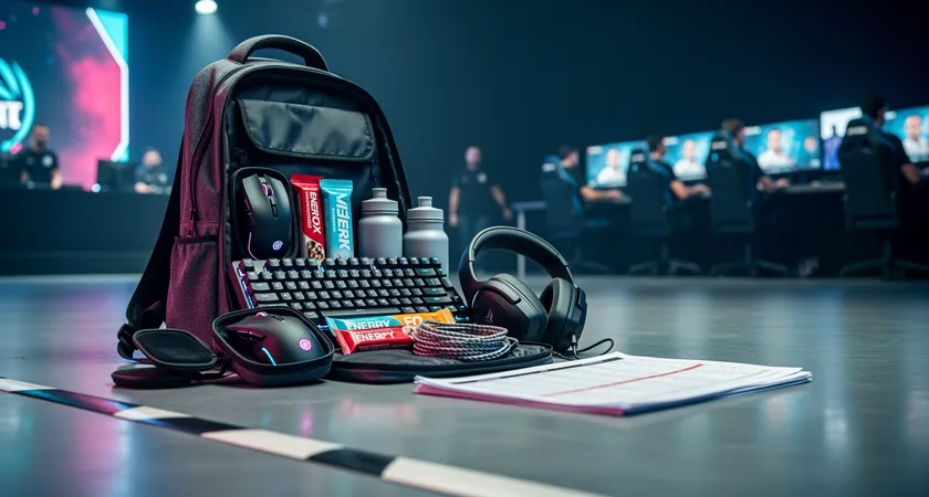 A backpack open on a tournament venue floor, contents meticulously organized: spare mouse, keyboard, energy bars, water bottles, a printed schedule, and noise-cancelling headphones, showcasing professional-level personal logistics
