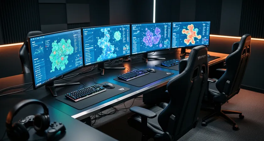 Vue large d'un bureau de gaming, cinq écrans allumés affichant des statistiques colorées de parties LoL, les chaises vides mais les claviers et souris bien alignés, une lumière bleutée d'écran domine la pièce sombre