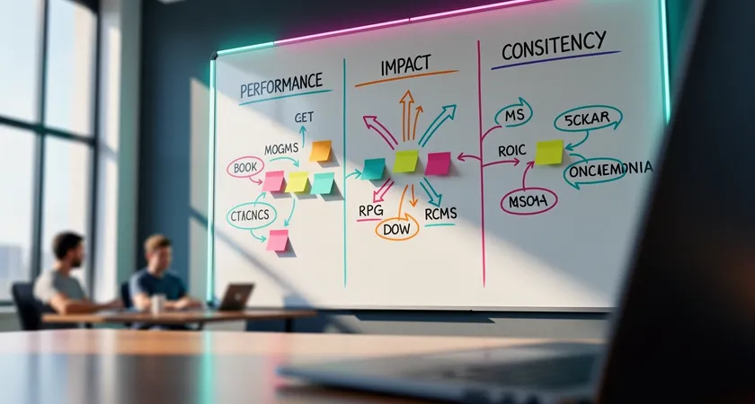 Gros plan sur un tableau blanc dans une salle de réunion, avec trois colonnes intitulées KDA/Phase, Impact Obj., Régularité, des flèches et annotations manuscrites relient les concepts, lumière naturelle vive