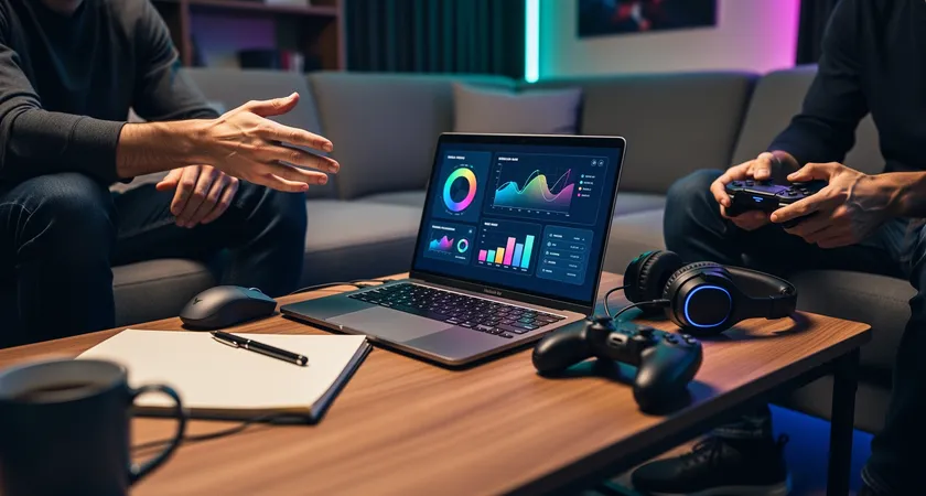 Plan serré de deux personnes en conversation assises sur un canapé, on voit leurs mains et leurs genoux, l'une montre quelque chose sur un laptop posé sur la table basse, ambiance chaleureuse et confidentielle