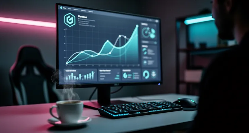 Écran d'ordinateur montrant un graphique en courbes ascendantes avec la légende "Ganks réussis pre-8min", une tasse de café à côté, lumière d'écran dans une pièce sombre