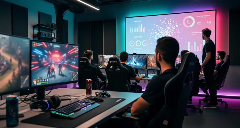 Vue d'ensemble d'une équipe de cinq joueurs devant leurs écrans pendant une pause, ils regardent tous vers un tableau d'affichage où sont projetées des statistiques, expressions concentrées et neutres