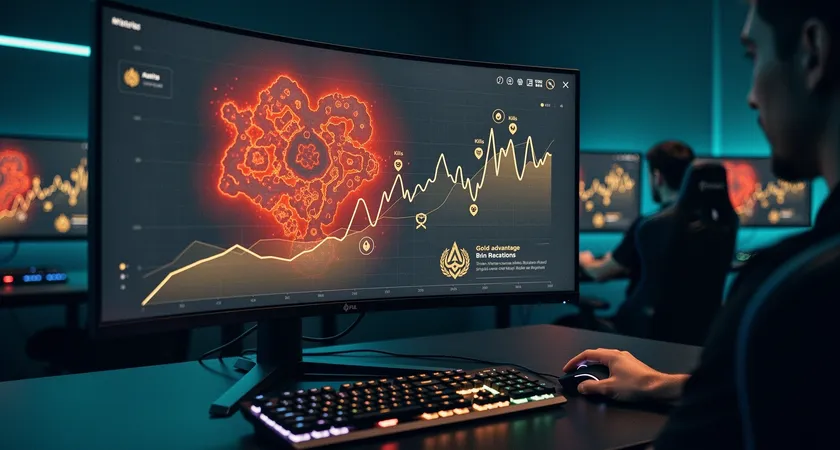 Captura de pantalla de un análisis post-partida mostrando tres gráficos superpuestos: un mapa de calor de movimiento del jungla en tonos rojos y amarillos, un gráfico de línea con el gold advantage del equipo y marcadores temporales de muertes y objetivos, todo sobre un fondo de UI oscuro
