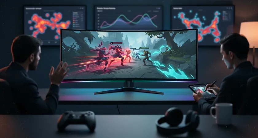 Dos personas sentadas frente a un solo monitor grande, una está señalando la pantalla donde se ve un replay pausado en el momento de una pelea de equipo, la otra toma notas en una tablet, la escena está iluminada por la luz azulada de la pantalla en una habitación oscura