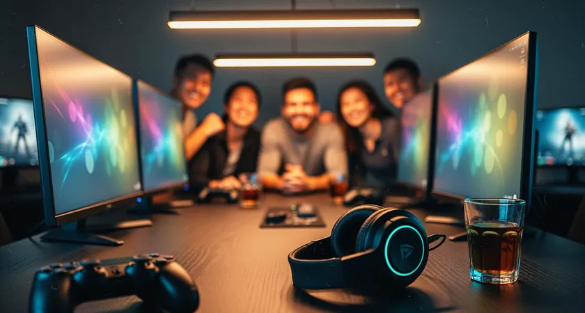 Fotografía de un grupo de cinco amigos riendo alrededor de una mesa, capturados en un momento casual, con monitires de gaming visibles pero desenfocados en el fondo, luces cálidas de lámparas Led, atmósfera de camaradería y logro compartido