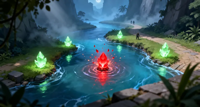 Overhead view of Summoner's Rift's river near Baron Nashor, bathed in the deep blue of Scryer's Bloom fog of war, with four glowing green ally wards placed forming a perimeter and one red enemy control ward being cleared