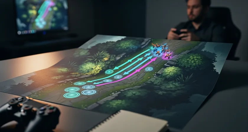 Annotated replay screenshot showing jungle pathing lines converging with minion wave positions near top lane, using simple arrows and circles to illustrate timing and lane state concepts