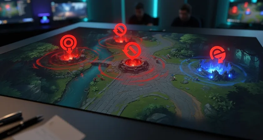 A dark-themed map of the League of Legends jungle, with large, glowing red 'X' marks over locations where late-game picks commonly occur, like the river brush near dragon pit and the blue buff entrance