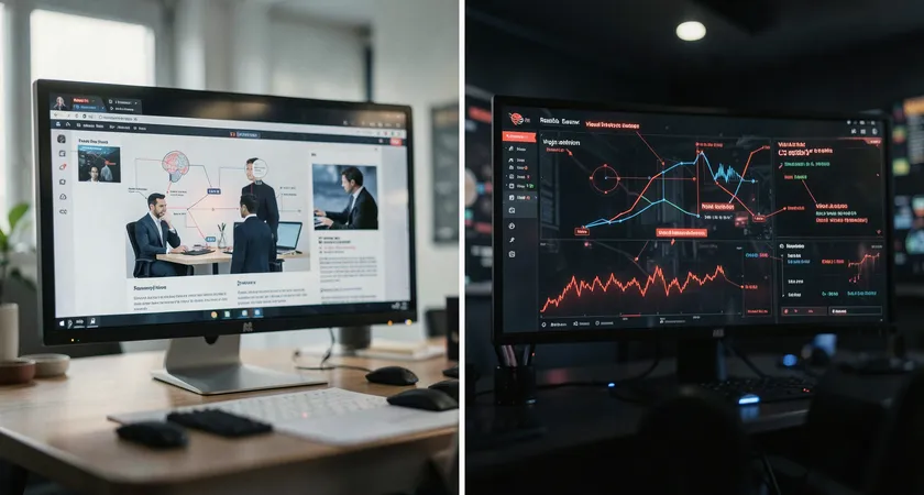 Deux écrans côte à côte, l'un montre un replay League of Legends à la 8ème minute, l'autre affiche un tableau de bord avec des indicateurs clignotant en rouge marqués "First Tower Lost", "Jungle Diff -2", ambiance de salle de commandement