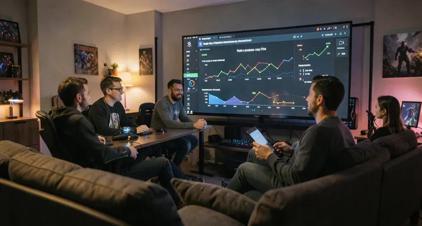 Contre-plongée sur un groupe de quatre joueurs discutant autour d'un grand écran TV affichant des graphiques et stats claires de leur dernière session Flex, ambiance chaleureuse d'un gaming house, lumière chaude, canapés, équipement périphérique visible