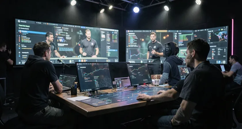 Plan large d'une scène esport amateur, deux équipes de cinq sur scène, le focus est sur les écrans des coaches en arrière-plan qui consultent des tableaux de bord en temps réel pendant le draft, ambiance de compétition sérieuse avec lumières de scène