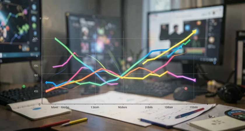Gráfico de líneas superpuestas mostrando la evolución de la ventaja de oro (en el eje Y) a lo largo del tiempo (minutos en el eje X) para cada uno de los cinco roles de un equipo, con colores diferenciados, ilustrando un crecimiento paralelo y sostenido