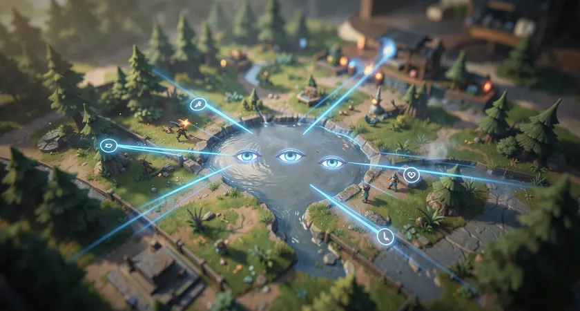 Vista aérea estilizada de Summoner's Round con dos áreas resaltadas en azul (líneas laterales) que empujan hacia la base enemiga, y una zona central (río) en gris, con iconos de ojos que representan visión, creando una composición de mapa de calor de presión