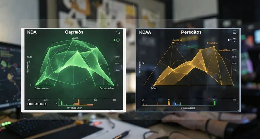 Dos gráficos de radar lado a lado comparando las mismas cinco métricas clave (KDA, Daño, Visión, Objetivos, Farm) de un jugador en partidas ganadas (gráfico lleno y verde) y en partidas perdidas (gráfico contraído y ámbar), mostrando claramente qué métricas se resienten más bajo presión