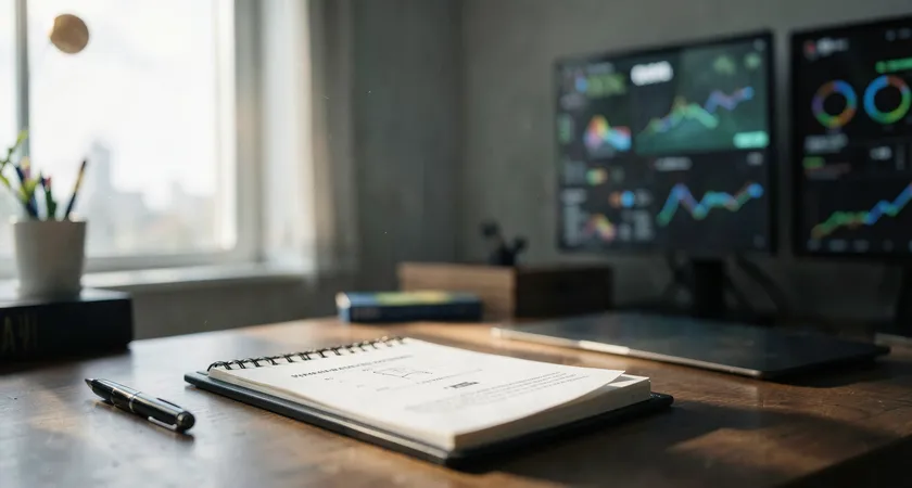 Fotografía de un escritorio desordenado con dos monitores, en uno se ve una partida de LoL en pausa y en el otro una hoja de Excel abierta con columnas de datos y gráficos rudimentarios, taza de café vacía, luz de escritorio creando un ambiente de trabajo intenso y posiblemente frustrante