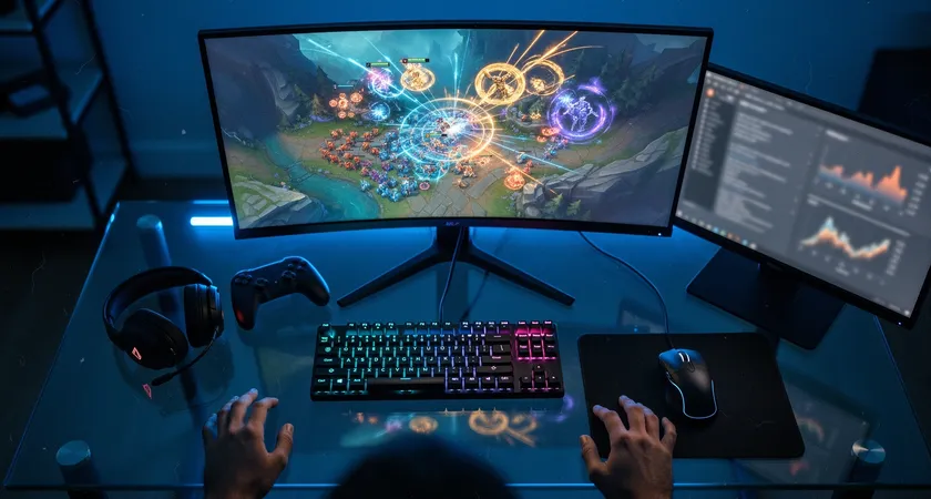 Overhead view of a gamer's setup at night, hands poised over a glowing keyboard, monitor displaying a chaotic late-game teamfight with multiple champion ultimates active, dim blue ambient light reflecting off glass desk
