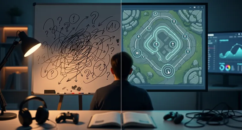 Split-screen visual concept: left side shows a messy whiteboard covered in chaotic arrows and question marks, right side shows a clean tactical map with clear zone markings and objective timers, warm task lighting illuminating both