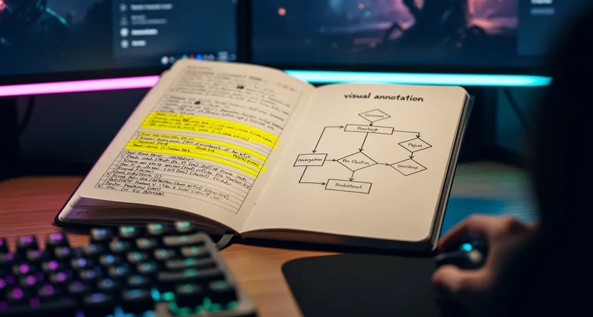 Close-up of a tactical notebook open on a desk, one page shows a dense list of patch notes with two lines heavily highlighted in yellow, the adjacent page has a simple, clean flowchart titled 'Post-Patch Week 1 Priority'