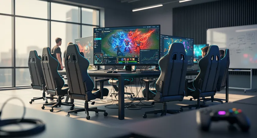 Wide shot of a team practice room, five gaming chairs facing monitors, the center screen shows a replay analysis view paused at a key dragon fight, light from a large window casting long morning shadows