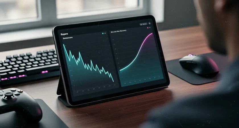 Side-by-side comparison of two graphs on a tablet screen held in hand, one graph shows a steeply declining win rate line, the other shows a 'U-shaped' curve of decline and recovery, natural light from a window illuminating the charts