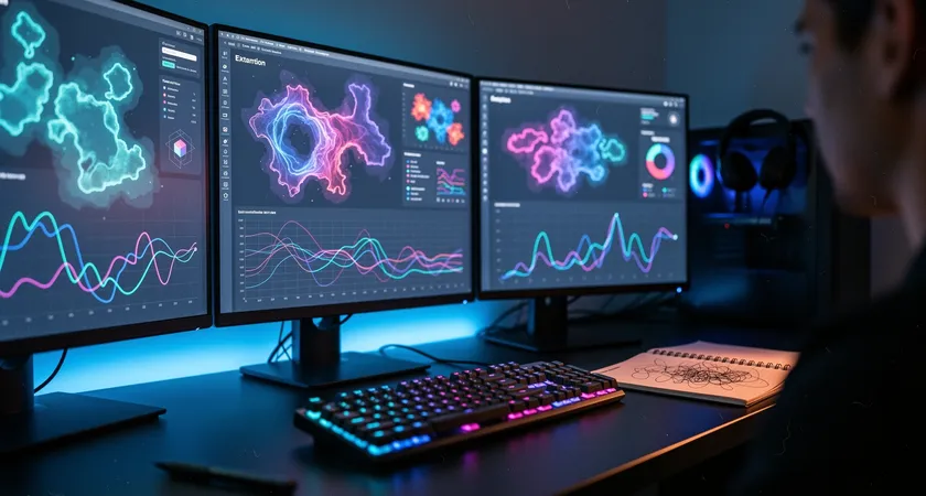 Gros plan sur trois écrans d'ordinateur alignés dans une pièce sombre, affichant différents graphiques et tableaux de stats colorés de League of Legends. Lumière bleutée des écrans éclairant un clavier mécanique et un carnet de notes ouvert, ambiance de travail analytique post-game