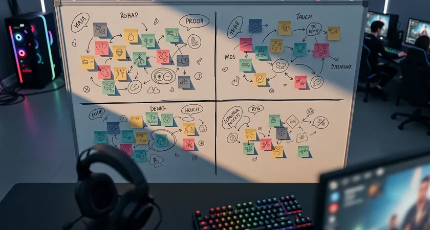 Vue aérienne d'un tableau blanc dans un gaming house, divisé en quatre quadrants avec les titres 'Impact Élevé', 'Impact Faible', 'Correction Rapide', 'Correction Longue'. Des post-it de couleurs sont placés dans les quadrants, certains entourés, d'autres reliés par des flèches, ambiance de session de debrief d'équipe