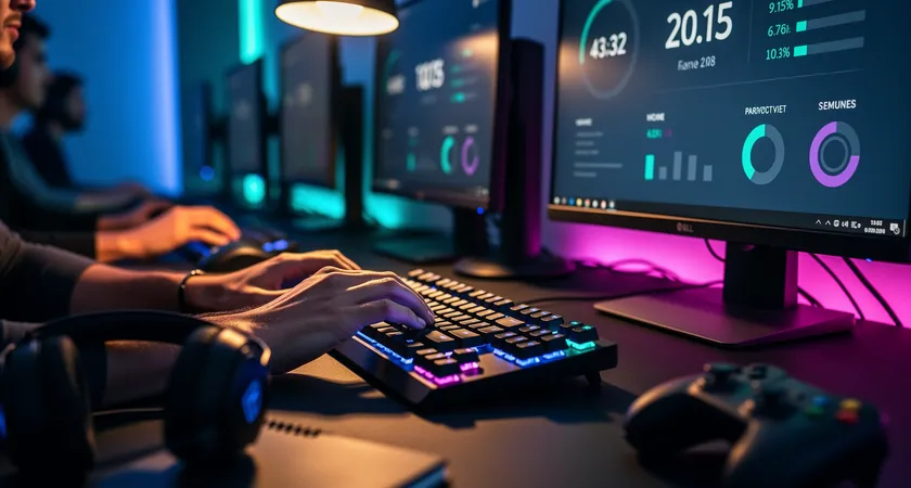 Plan serré sur les mains d'un joueur sur un clavier et une souris, en train de jouer dans une custom game. À côté, un deuxième écran montre un timer et un tableau de stats simples en temps réel, comme 'CS Loss During Dive'. Lumière focalisée sur les périphériques, ambiance de drill technique répétitif