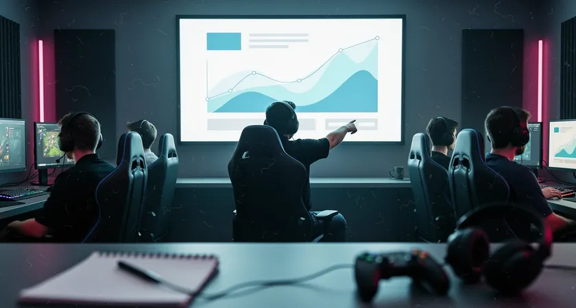 Silhouette d'un coach ou analyste assis face à une équipe de cinq joueurs lors d'un debrief. Le coach pointe du doigt un graphique projeté sur un écran, les joueurs sont attentifs. Lumière tamisée de la salle de review, écran lumineux projetant des diagrammes de flux de combat
