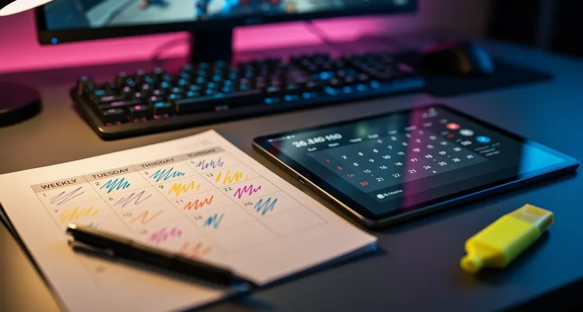 Vue d'ensemble d'un agenda papier ou d'un calendrier digital sur tablette, planifié pour une semaine. Les cases des jours sont remplies avec des notations simples : 'Jeu - Focus Drake', 'Drill - Défense Dive', 'Analyse Profonde'. Stylo et surligneur jaune à côté, ambiance d'organisation structurée et pragmatique