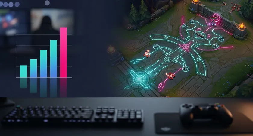 Pantalla dividida conceptual: a la izquierda, un gráfico de barras simples con KDA alto en colores brillantes; a la derecha, un mapa de Summoner's Rift con líneas de movimiento, zonas de visión sombreadas y momentos de pelea marcados, mostrando la historia compleja detrás del dato simple, iluminación de pantalla azul en una habitación oscura