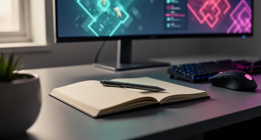 Primer plano de dos monitores: en uno, el replay de una partida de League pausado en un momento de pelea clave, con visiones de campeón activadas; en el otro, un documento de notas abierto con puntos como 'mi posición aquí', 'flash disponible en 2s', 'no vi al jungler'. Luz de escritorio cálida sobre teclado mecánico y mousepad