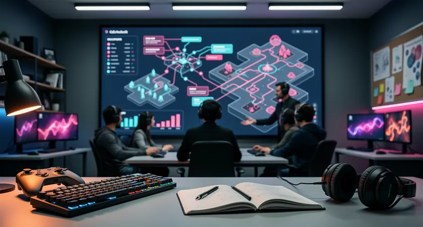 Escena de una sala de reuniones de comunidad gaming, una persona señalando una pantalla grande con gráficos complejos a un pequeño grupo atento, diagramas de flujo superpuestos a mapas del juego, ambiente de colaboración seria, luz fluorescente suave
