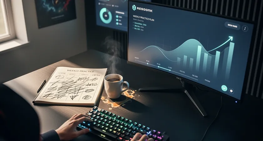 Vista aérea de un escritorio gamer ordenado, con un cuaderno abierto donde un plan semanal de práctica está tachado, un segundo monitor muestra un perfil de equipo con estadísticas en alza, una taza de café a medio tomar, luz natural entrando por una ventana, sensación de progreso y rutina