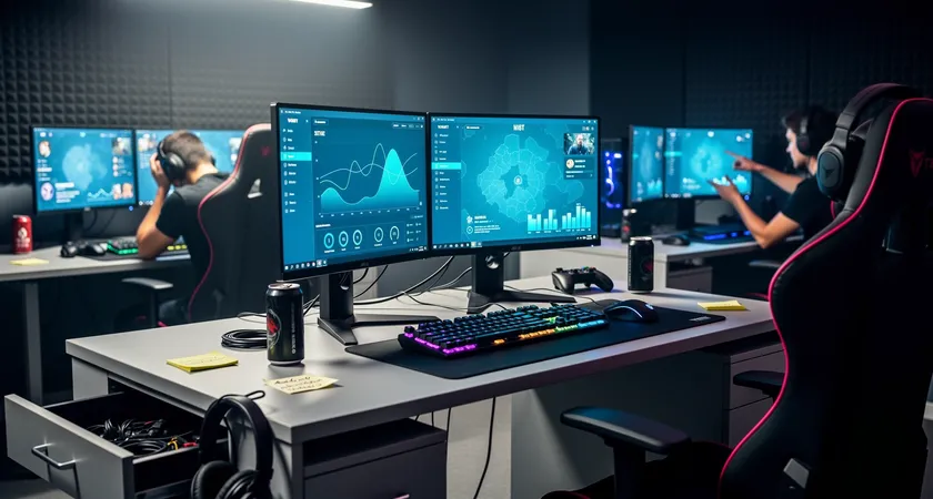 A wide shot of a dimly lit gaming room, three monitors glowing in the dark, one player has their head in their hands while another gestures at a screen, tension visible in their slumped postures, cool blue and grey palette