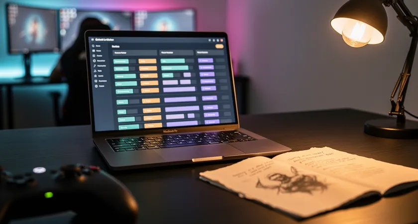 A close-up of a laptop screen showing a clean spreadsheet with color-coded columns for game stats, a notebook with handwritten notes beside it, a warm desk lamp creating a focused, analytical mood