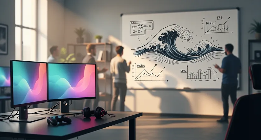 A medium shot of a team meeting around a whiteboard, one player is drawing a wave diagram, others are nodding, sunlight streams into a clean studio space, collaborative and focused energy