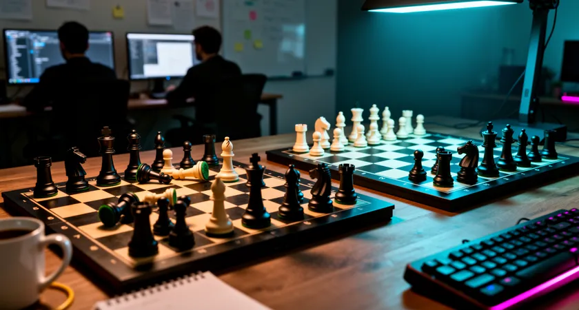 A symbolic shot of two chess boards, one viewed from a player's seated perspective looking cluttered, the other viewed from a high, analytical angle above showing clear patterns, representing internal vs. external viewpoints