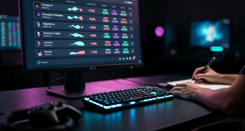 Gros plan sur un écran d'ordinateur en mode sombre affichant un tableau de données de champions, colonnes de pourcentages de winrate, mains d'un joueur tenant une souris et prenant des notes sur un calepin à côté, lumière bleutée d'un clavier, ambiance concentrée de travail de nuit