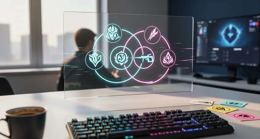 Vue aérienne d'un bureau avec deux écrans, sur l'un un tableau blanc virtuel avec des diagrammes de Venn reliant des icônes de champions, sur l'autre le client League of Legends, tasse de café à moitié vide, clavier mécanique, lumière du jour filtrant par une fenêtre